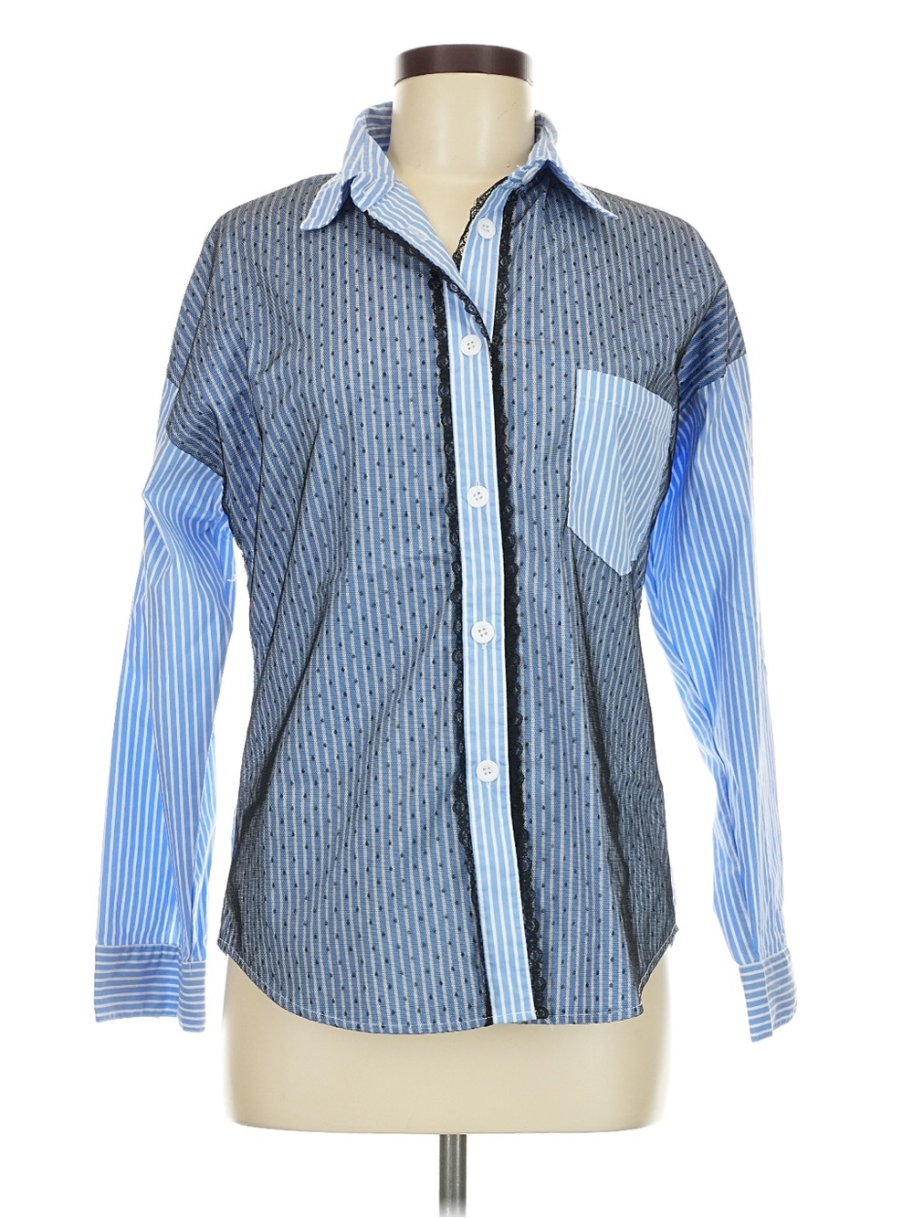 LIzette Collection Button-Front collared Mixed-Panel Chevron/Herringbone Shirt M